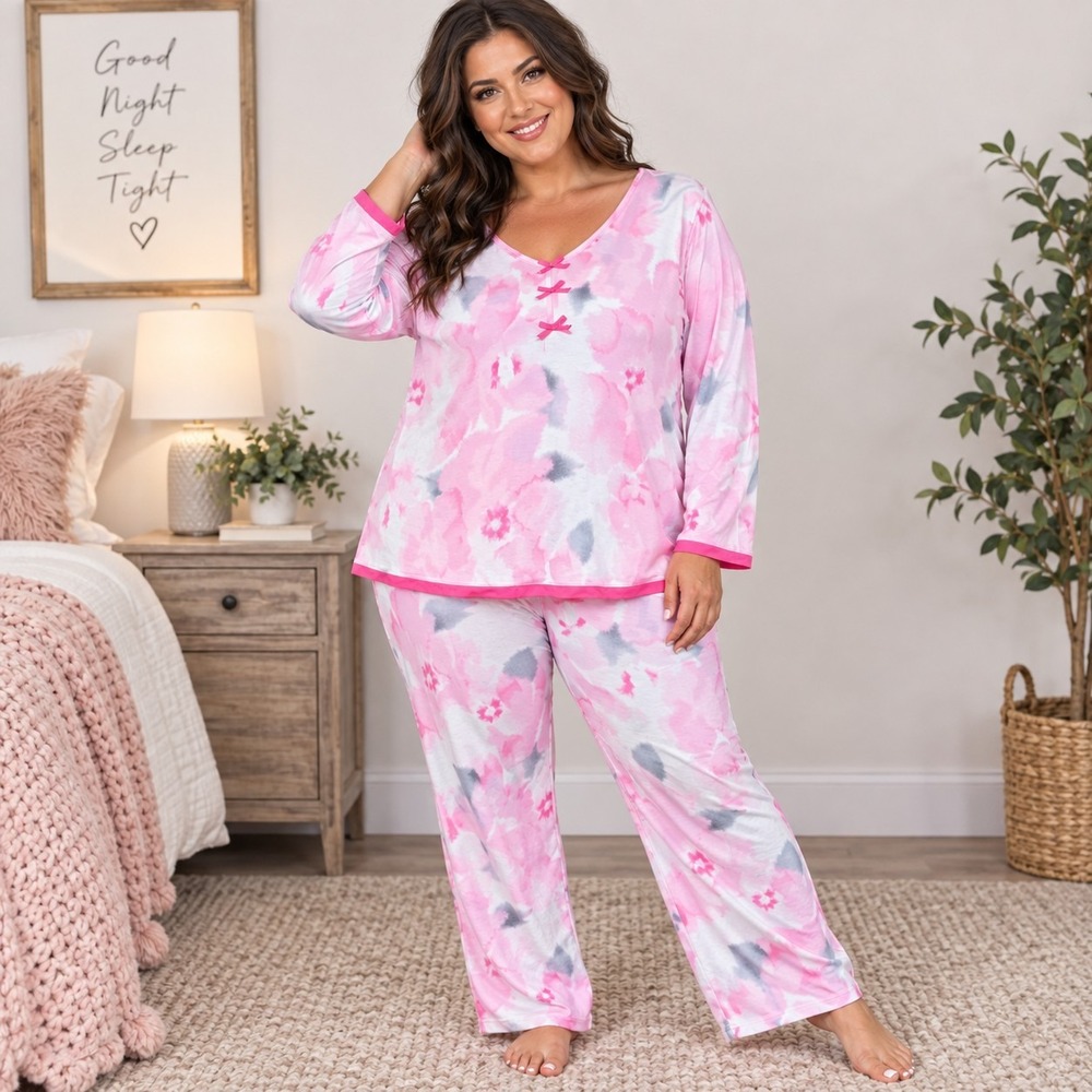Ellen Tracy Pink Watercolor Pajama Set Women's XL Coquette Grannycore Soft Girl